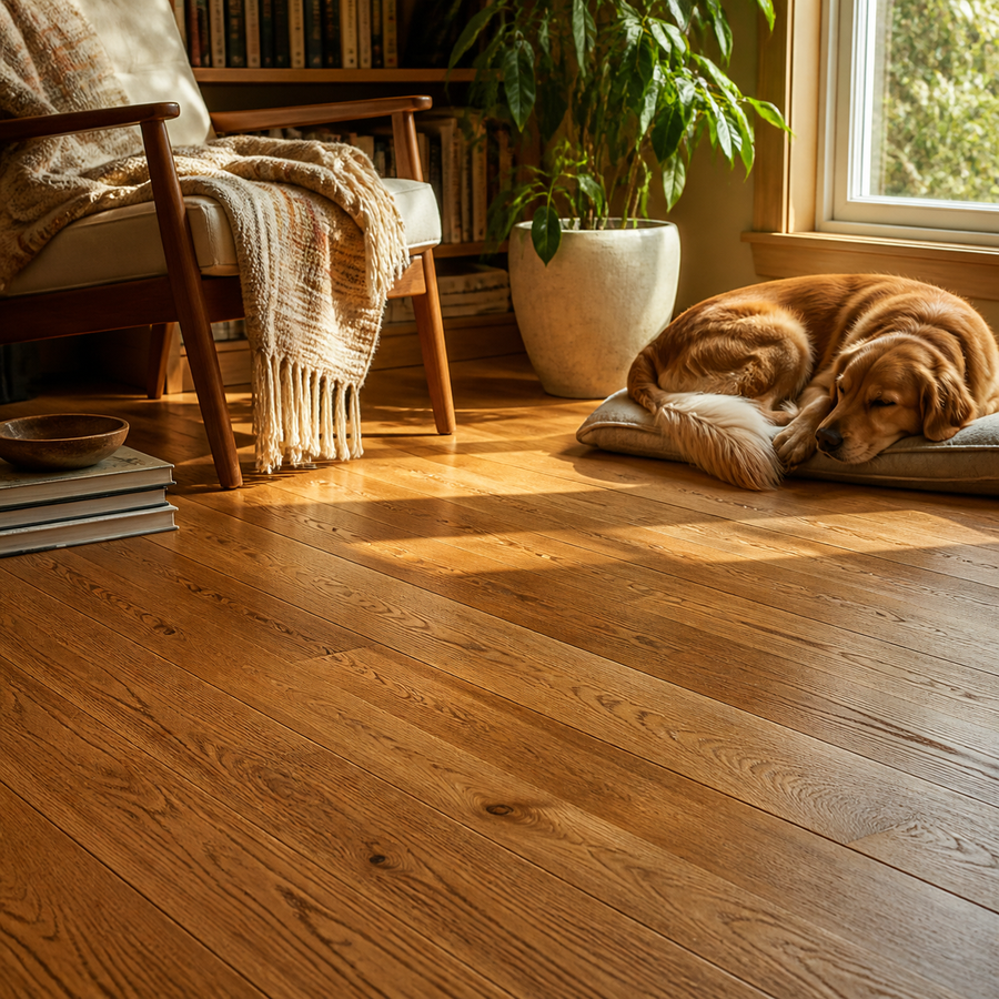 Warm oak hardwood floor in a sunlit reading room with a resting dog