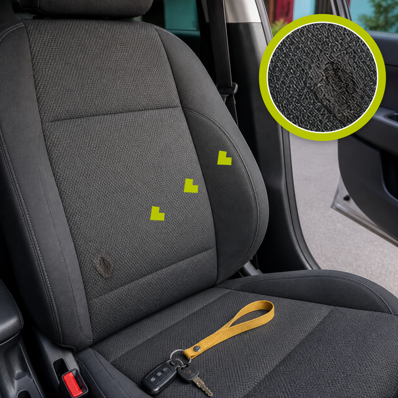 Localized heat-burn mark on a charcoal woven cloth car seat with a matching magnified close-up and a yellow key-fob lanyard nearby