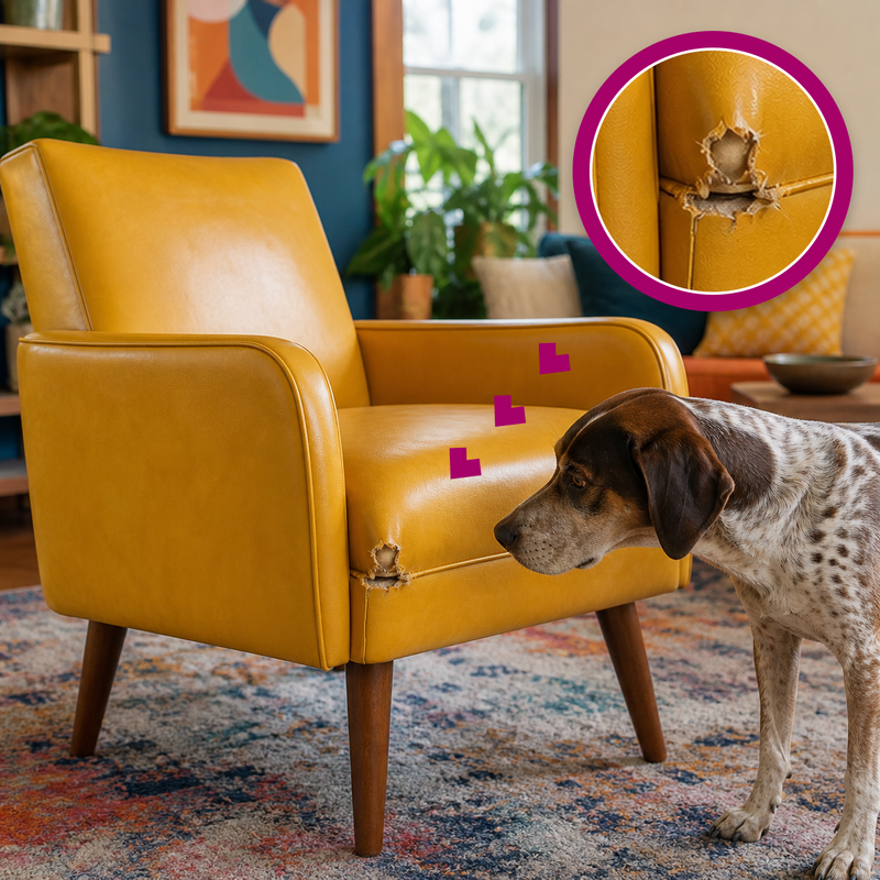 A dog examining ragged chew damage on a yellow vinyl chair, highlighted with a magenta magnifier.