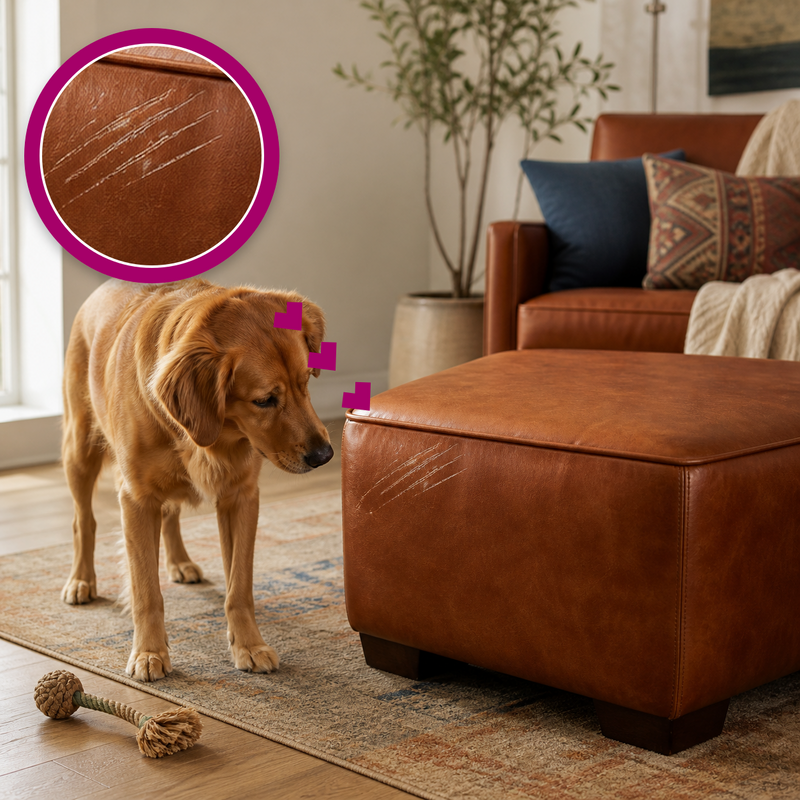 Dog looking at realistic claw scratches on a brown leather ottoman, with a matching magenta magnified close-up.