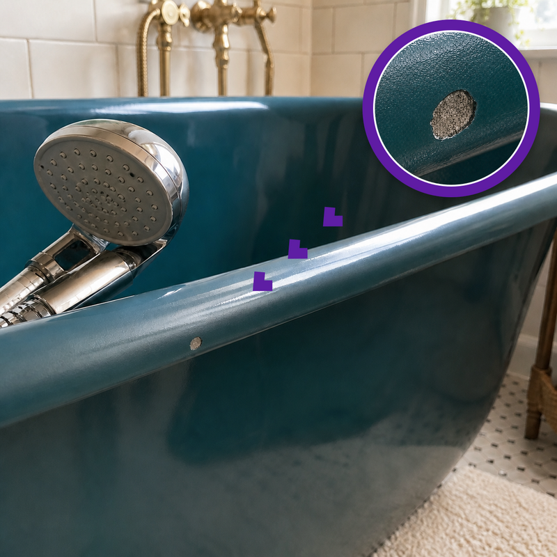 Chipped deep teal enameled bathtub with a nearby shower head and an exact purple magnified close-up of the damaged rim