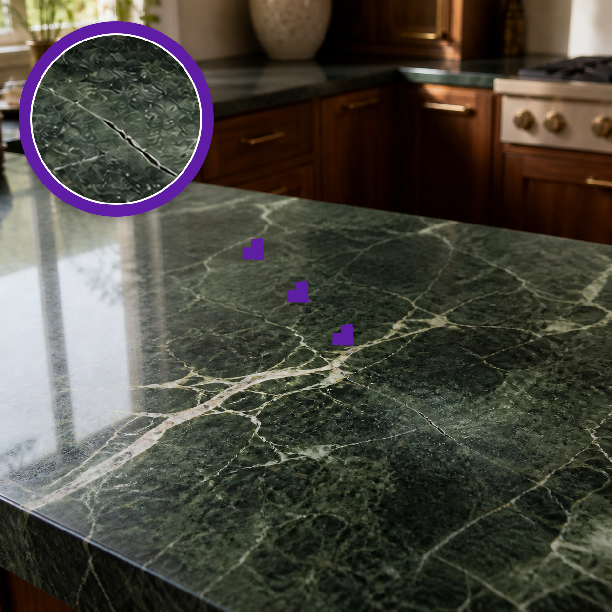 Short crack in a dark green marble countertop with a purple magnified close-up