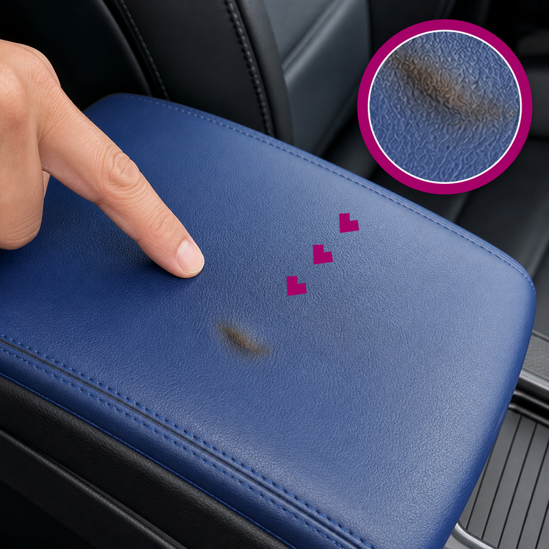 Localized heat-burn mark on a blue leather car armrest, with a matching magenta magnified close-up and a hand pointing nearby.