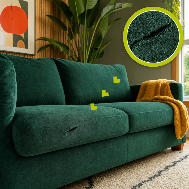 Natural tear in a deep-emerald microfiber sofa with a matching magnified close-up and a saffron throw nearby