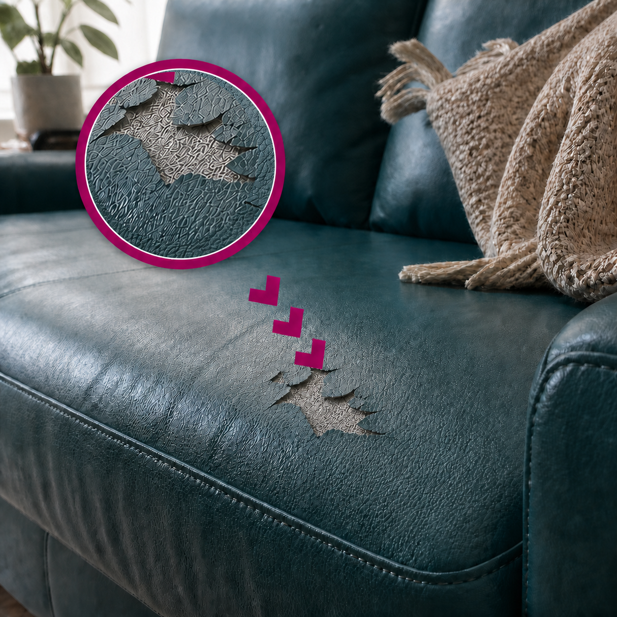 Localized peeling and wear in the high-use seat area of a teal faux leather sofa, highlighted with a matching magenta magnified close-up and a neutral throw nearby.