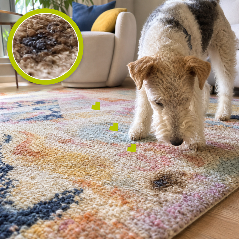 Small dark burn mark on a patterned rug with a lime damage magnifier