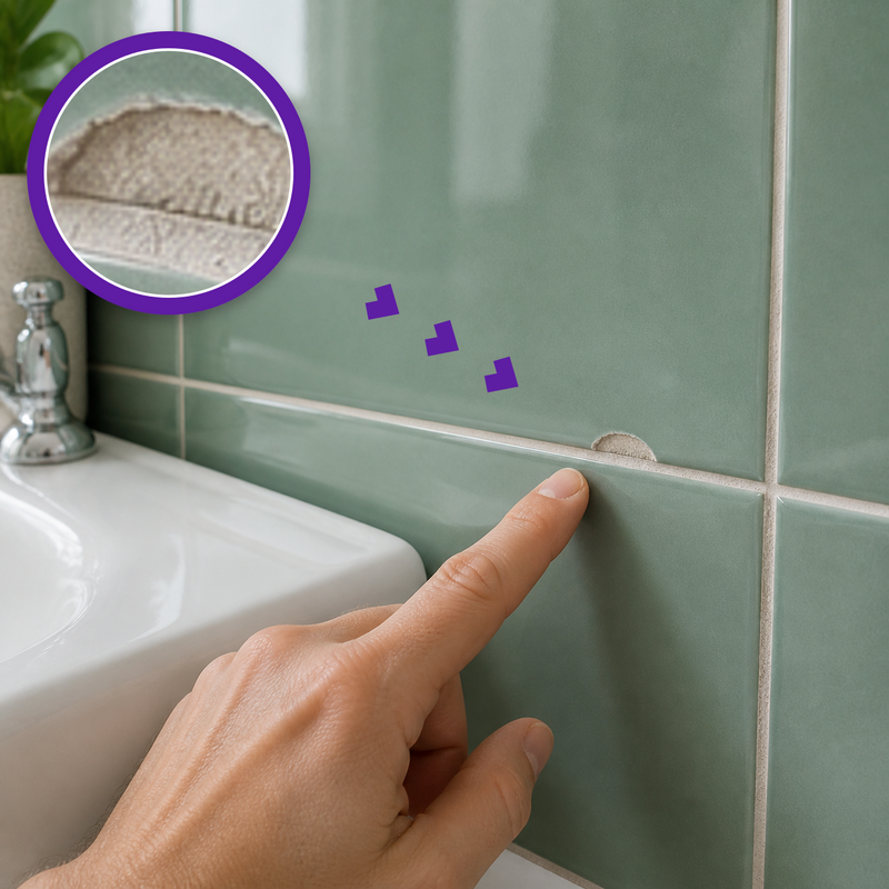 Chipped sea-green ceramic bathroom tile with a hand pointing nearby and an exact purple magnified close-up of the damaged edge
