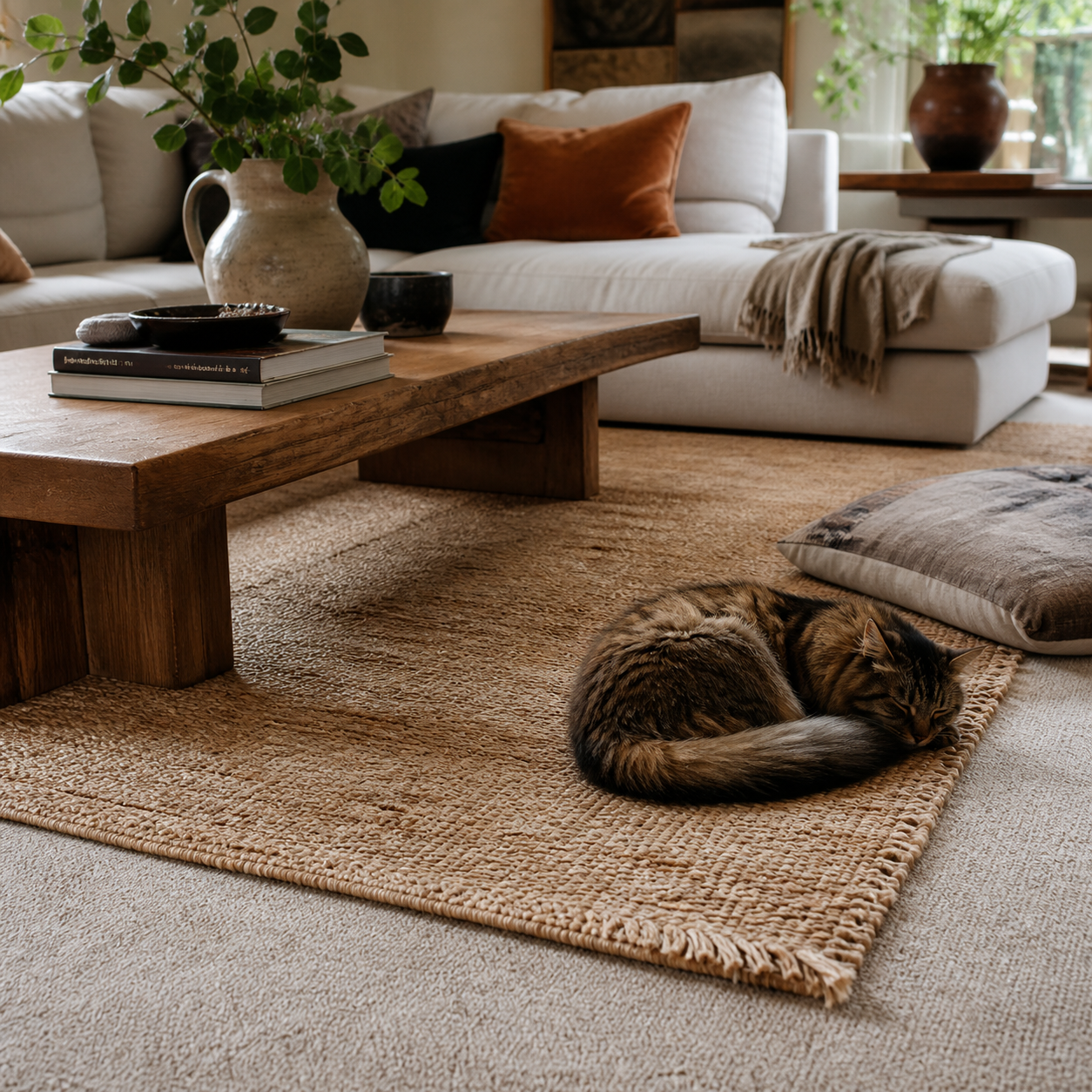 Woven living-room rug and carpet with a curled-up cat and natural home decor