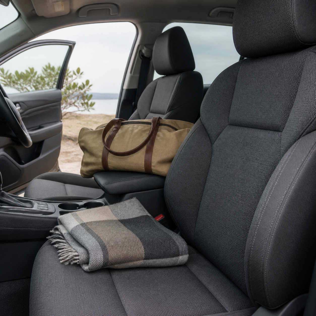 Charcoal fabric car seats styled with a canvas travel bag and folded blanket