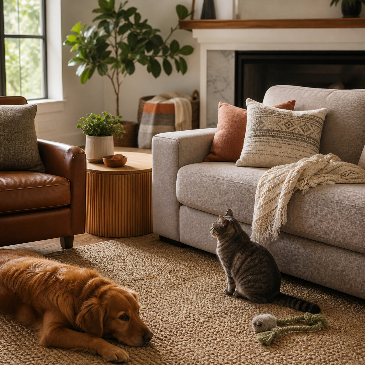 Pet-friendly living room with leather, fabric, carpet and wood surfaces, a dog and a cat