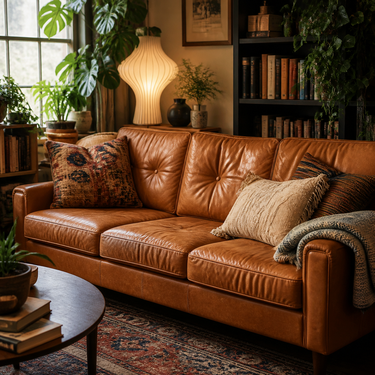 Vintage caramel leather-look sofa styled with plants, books, cushions and a throw