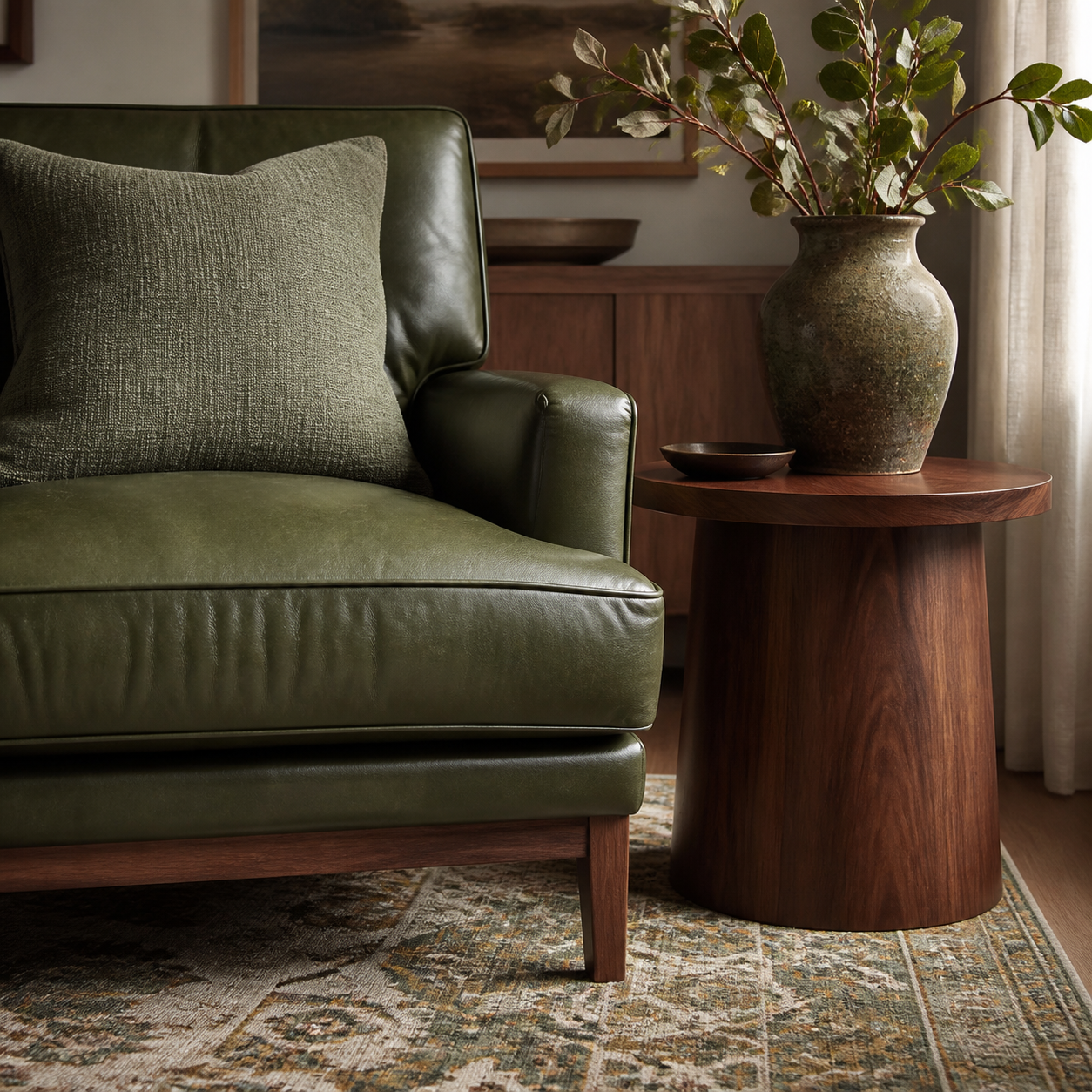 Moss-green leather chair, fabric cushion, patterned rug and walnut table in a harmonious room