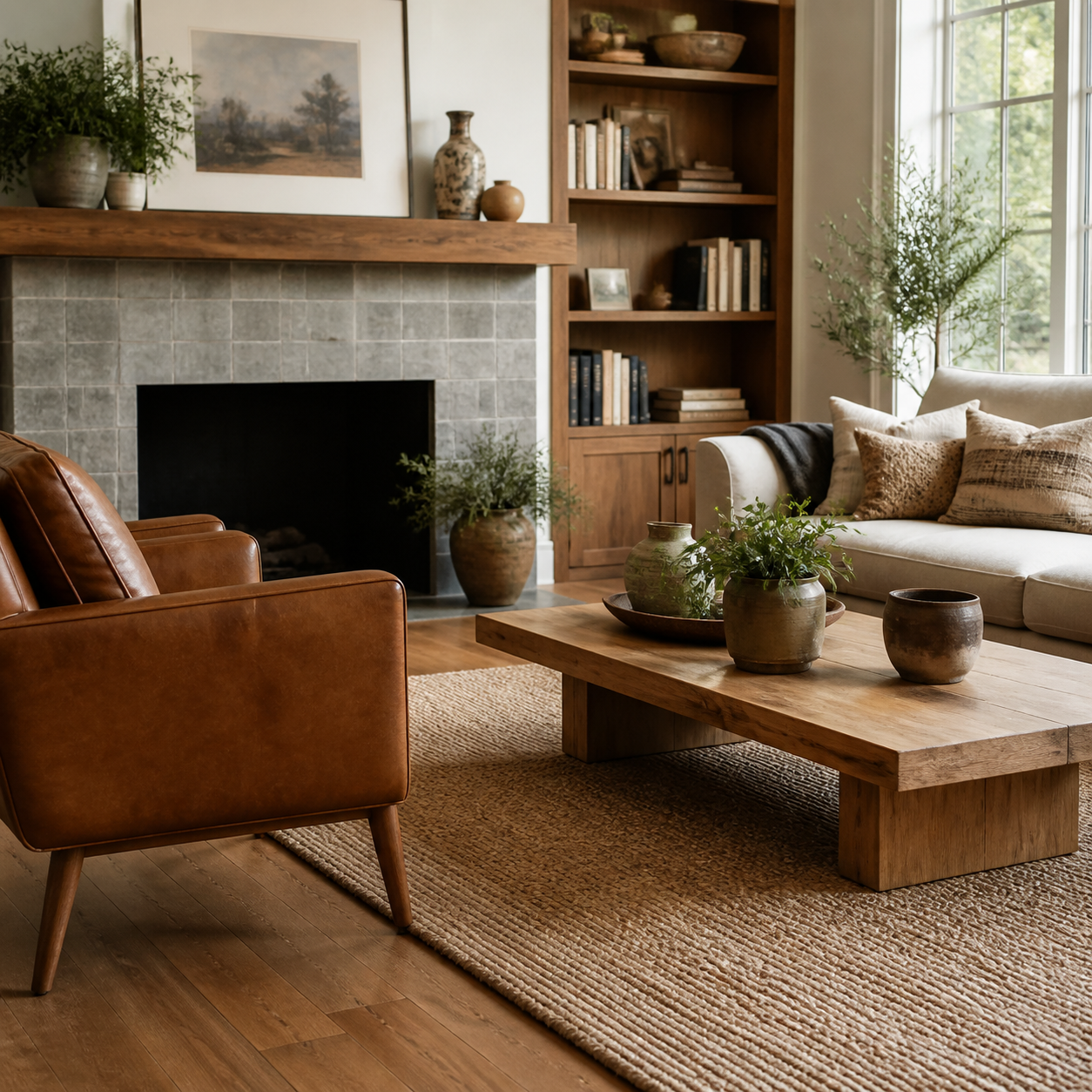 Layered living room combining leather, fabric, rug, hardwood, tile and wood surfaces