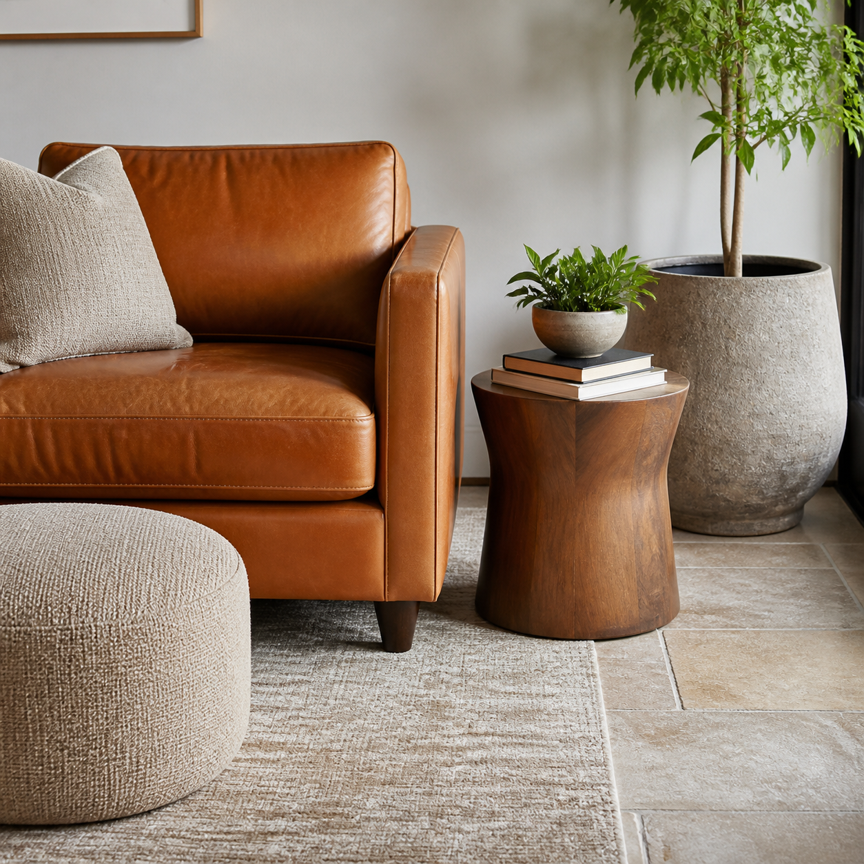 Home corner combining leather, fabric, wood, rug, stone and tile surfaces