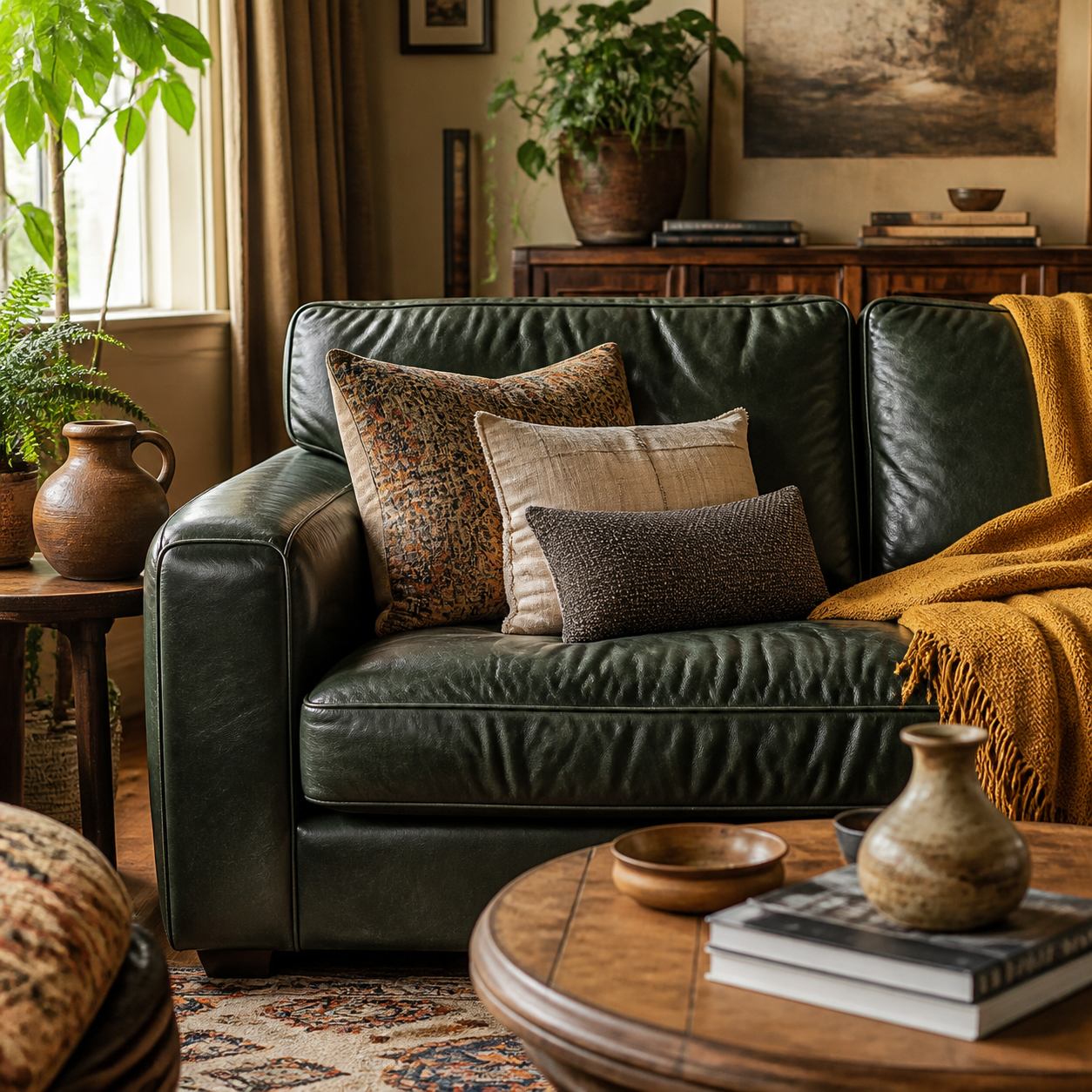 Forest-green leather sofa styled with patterned cushions, a mustard throw, books and plants