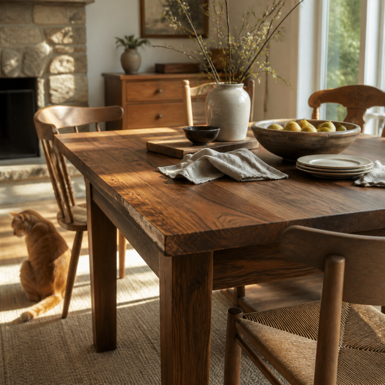 Solid walnut dining table in a warm home with ceramics, linen and a nearby cat