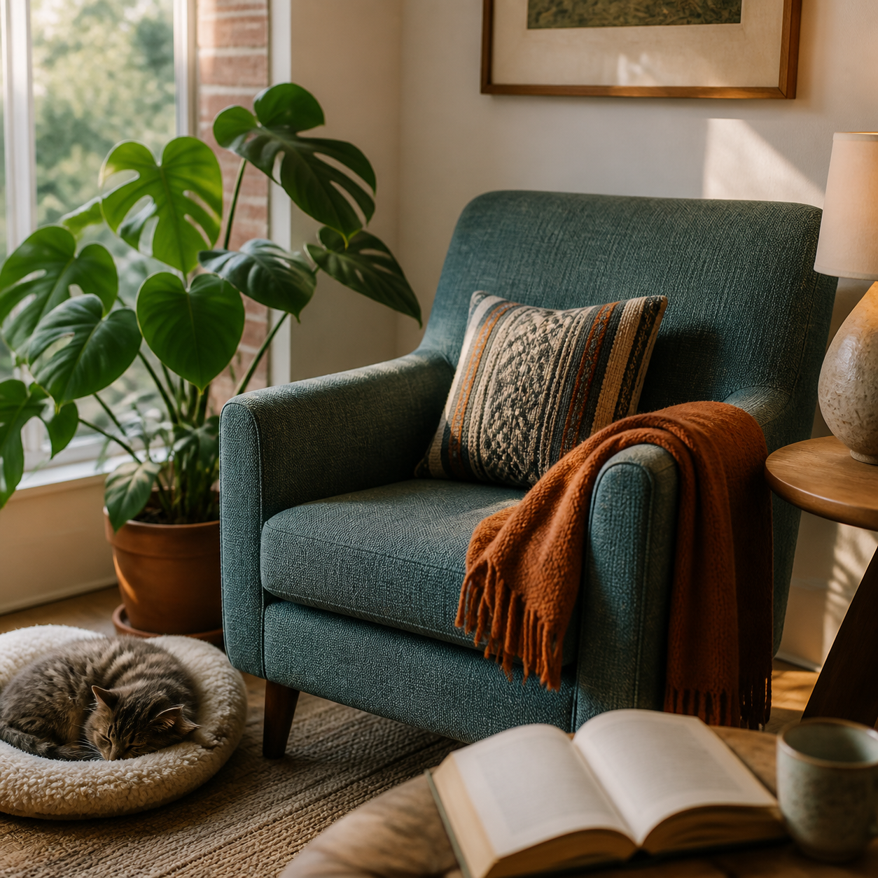 Teal fabric armchair in a cozy reading corner with a sleeping cat