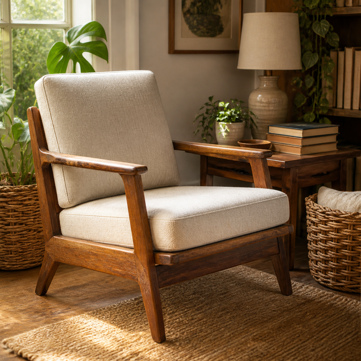 Restored vintage wooden lounge chair with neutral upholstery in a sunlit reading corner