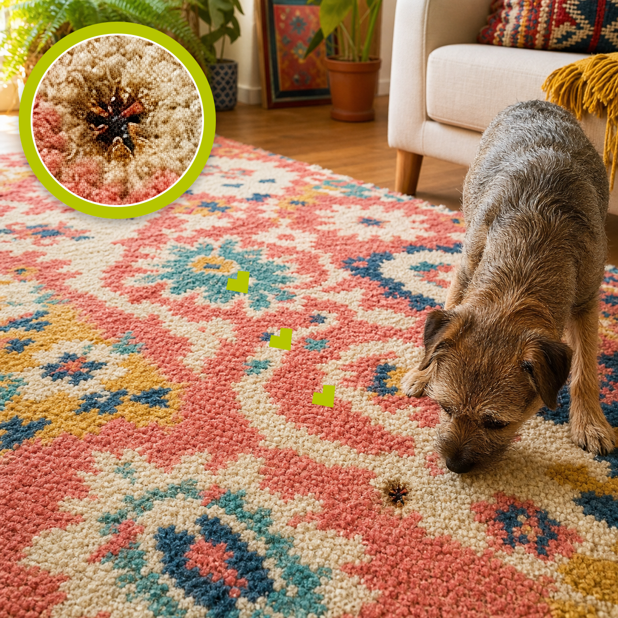Realistic burn mark on a colorful wool rug with a matching magnified close-up and a terrier investigating the damage