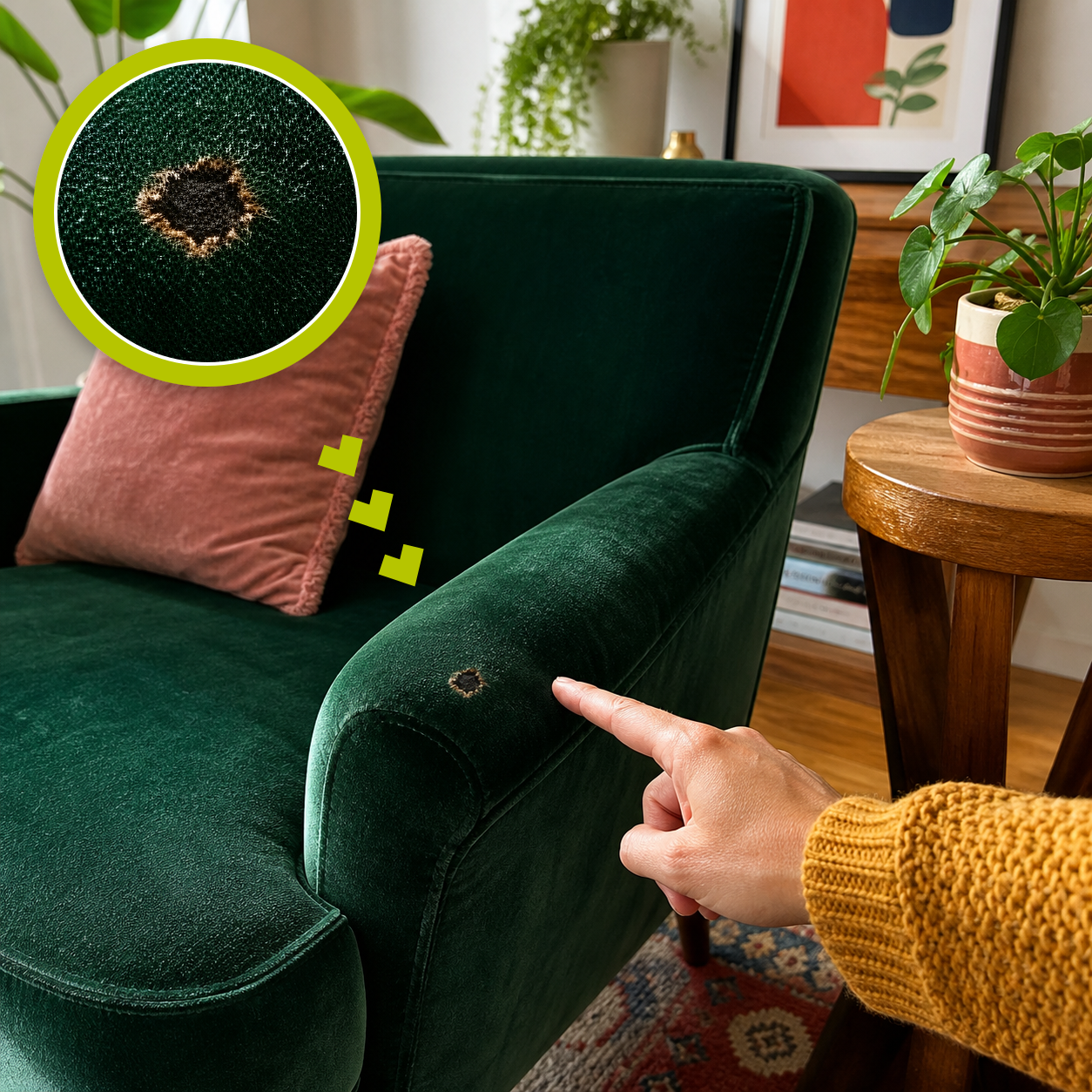 Realistic burn on an emerald velvet chair armrest with a matching magnified close-up and a hand pointing to the damage