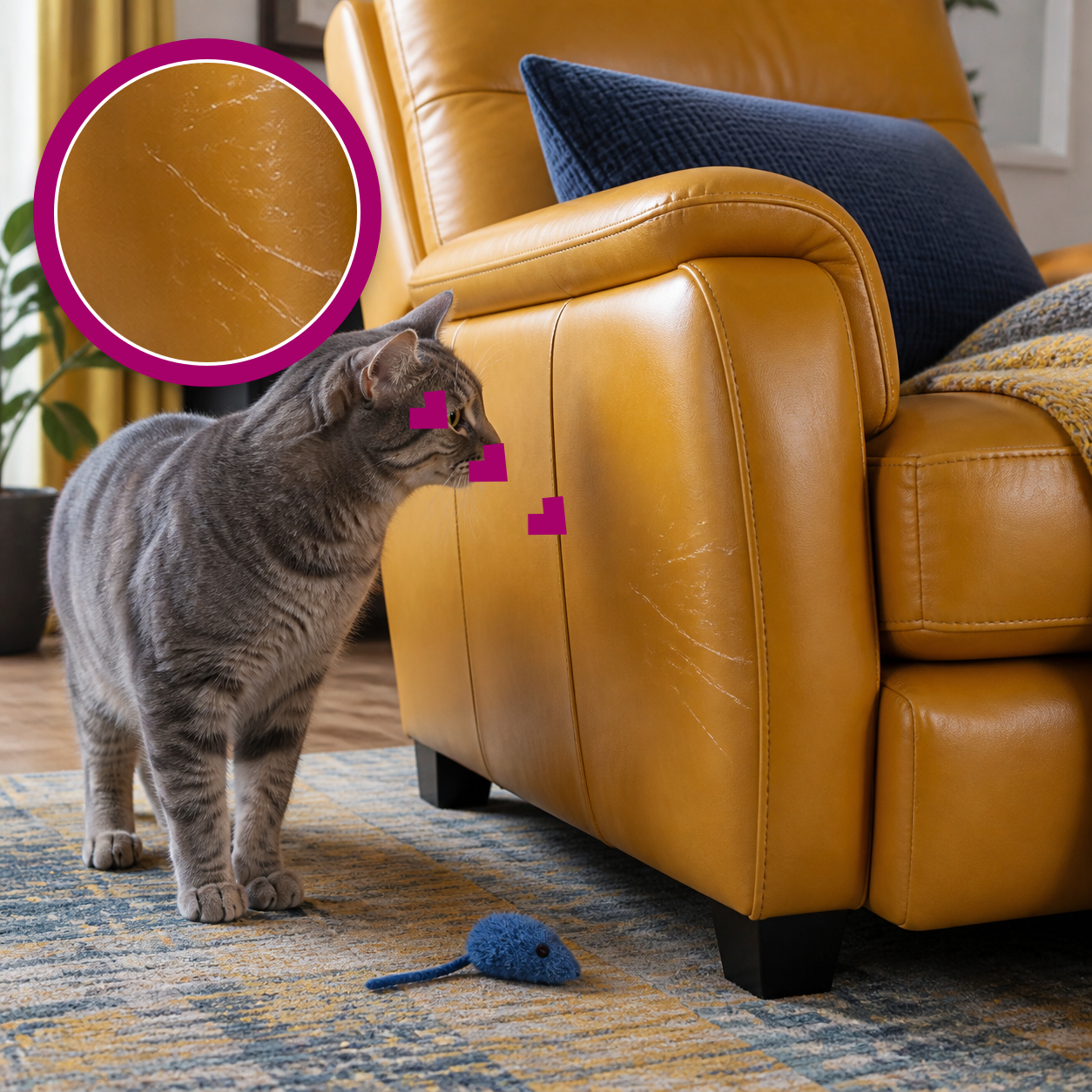 Gray tabby looking at claw scratches on a mustard leather recliner, with a matching magenta magnified close-up.