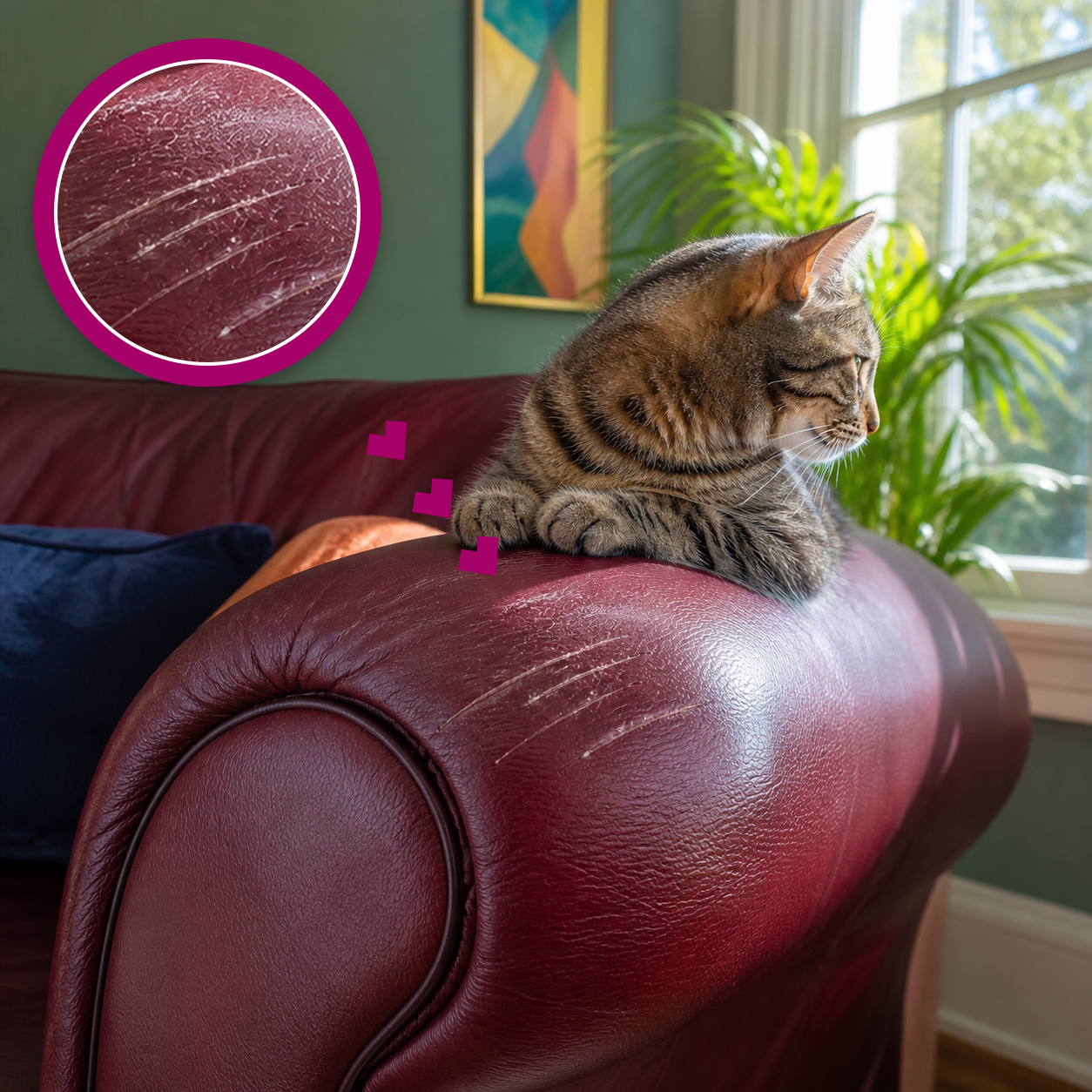A cat beside pale claw scratches on a burgundy leather couch, highlighted with a magenta magnifier.