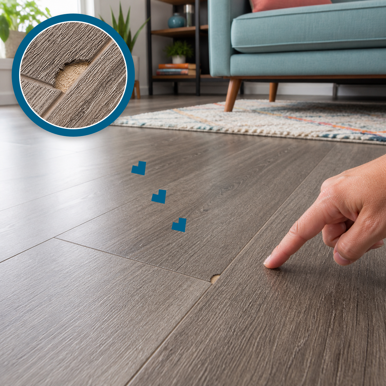 Small chip in a gray-brown laminate plank edge with a matching magnified close-up and a hand pointing nearby