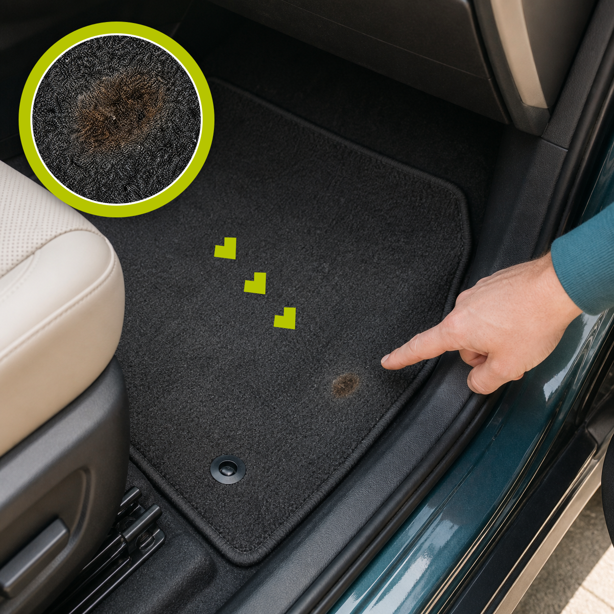 A cigarette burn in a charcoal carpeted car floor mat, highlighted with a matching lime magnified close-up and a pointing hand.