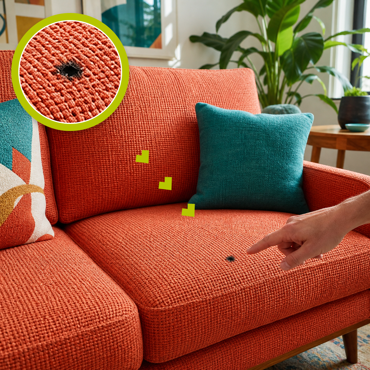 Realistic cigarette burn in coral woven sofa upholstery with a matching magnified close-up and a hand pointing to the damage