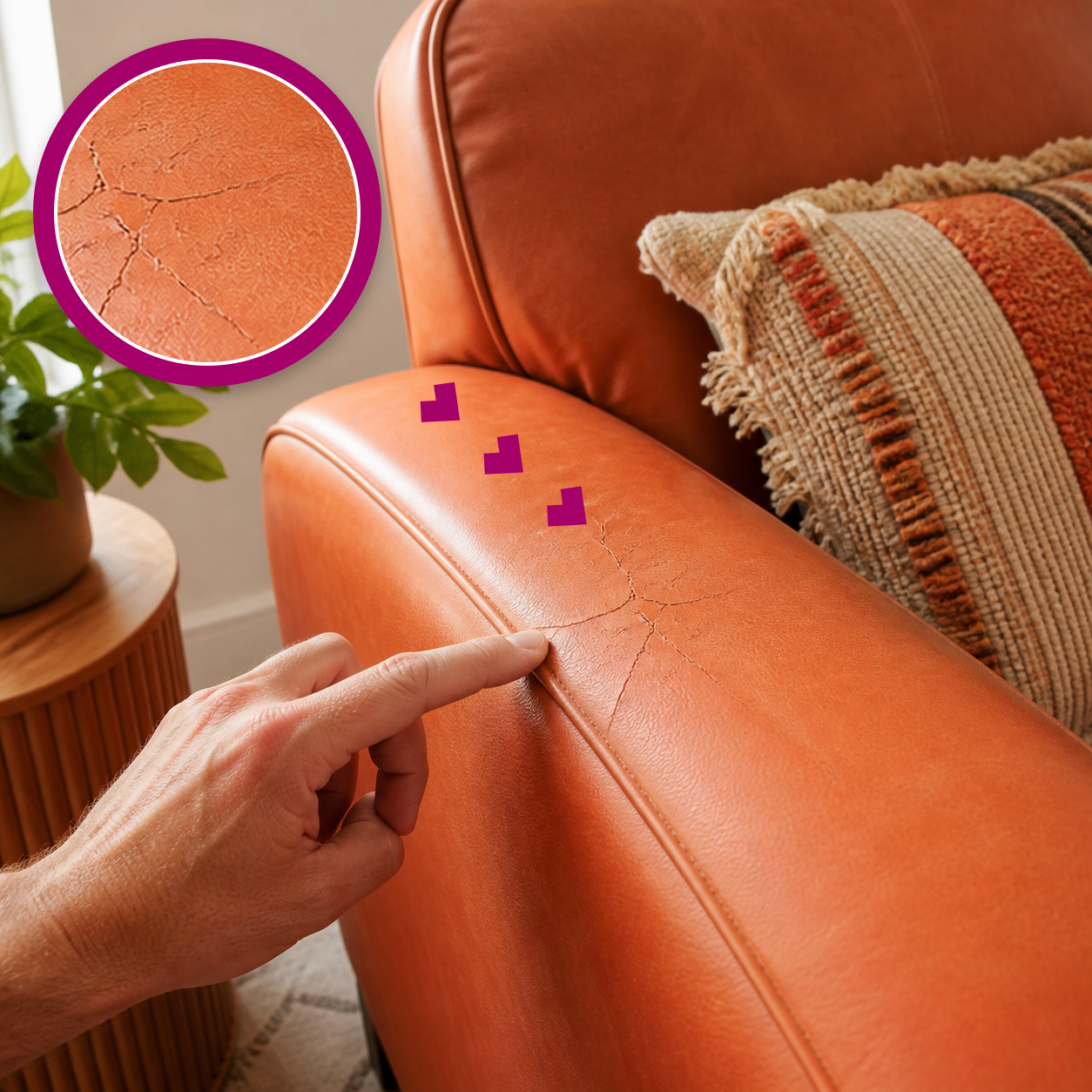 Branching cracks on a terracotta faux leather chair armrest, highlighted with a magenta magnifier.