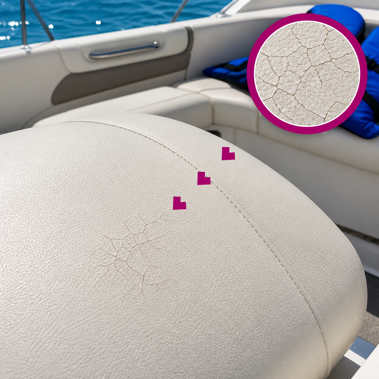 Branching cracks in a cream marine-vinyl boat seat, with a matching magenta magnified close-up and blue life jacket.