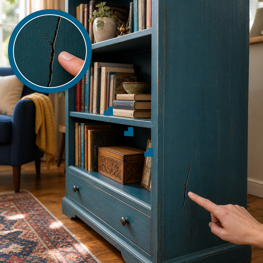 Crack in a deep-teal wooden bookshelf with a matching magnified close-up and a hand pointing to the damage