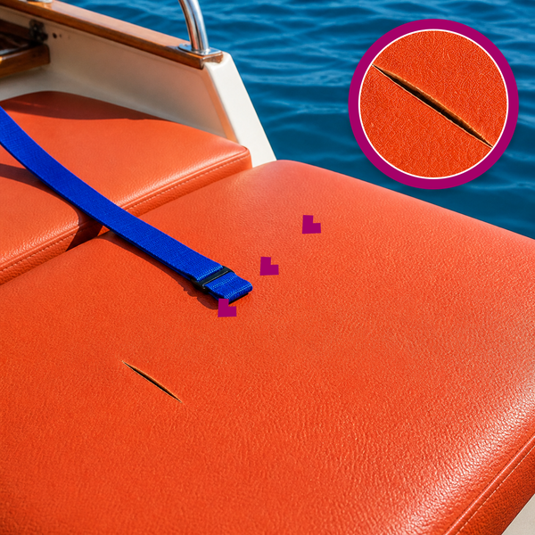 A narrow cut in a coral marine-vinyl boat cushion, highlighted with a matching magenta magnified close-up.