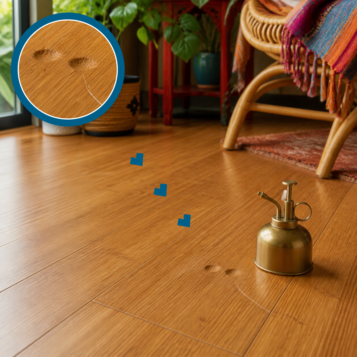 Shallow dents and a curved scuff in a strand-woven bamboo floor with a matching magnified close-up and a brass plant mister nearby