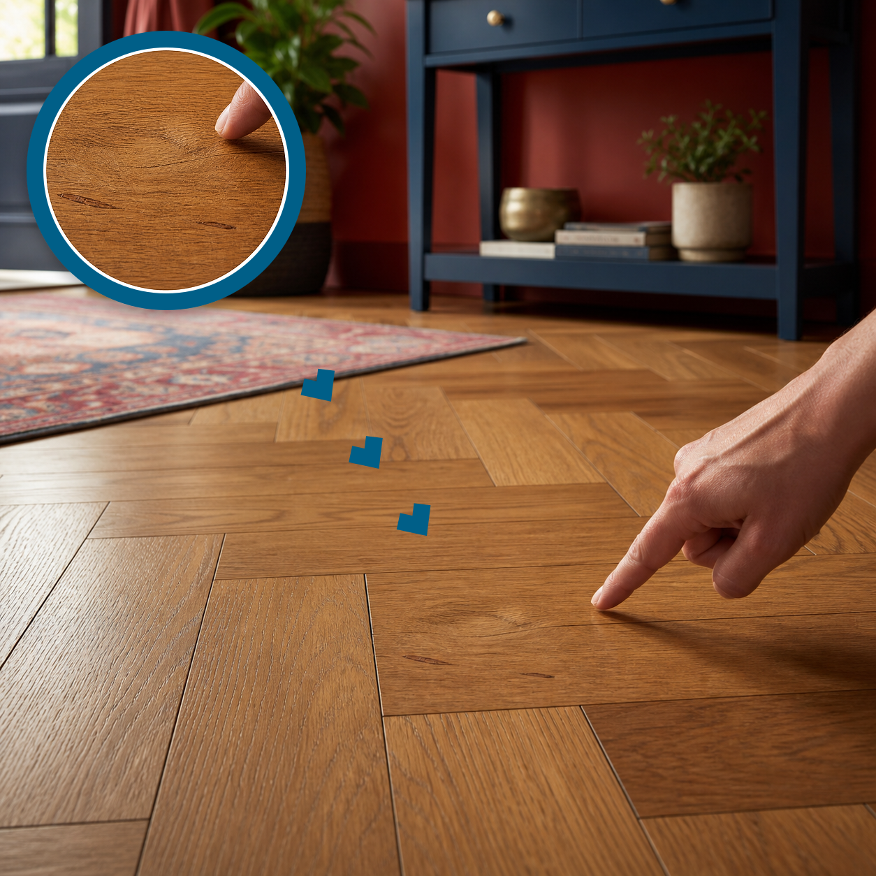 Shallow dent and two finish scuffs in an oak herringbone parquet floor with a matching magnified close-up and a hand pointing nearby