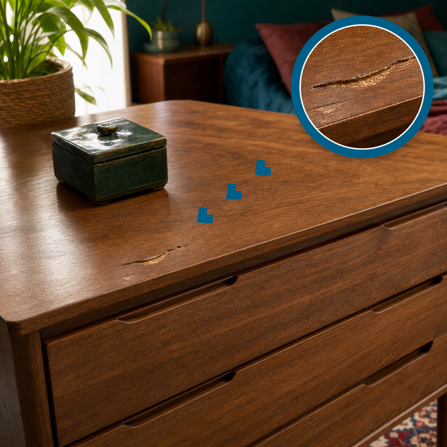Deep gouge in a walnut dresser top with a matching magnified close-up and a ceramic jewelry box nearby