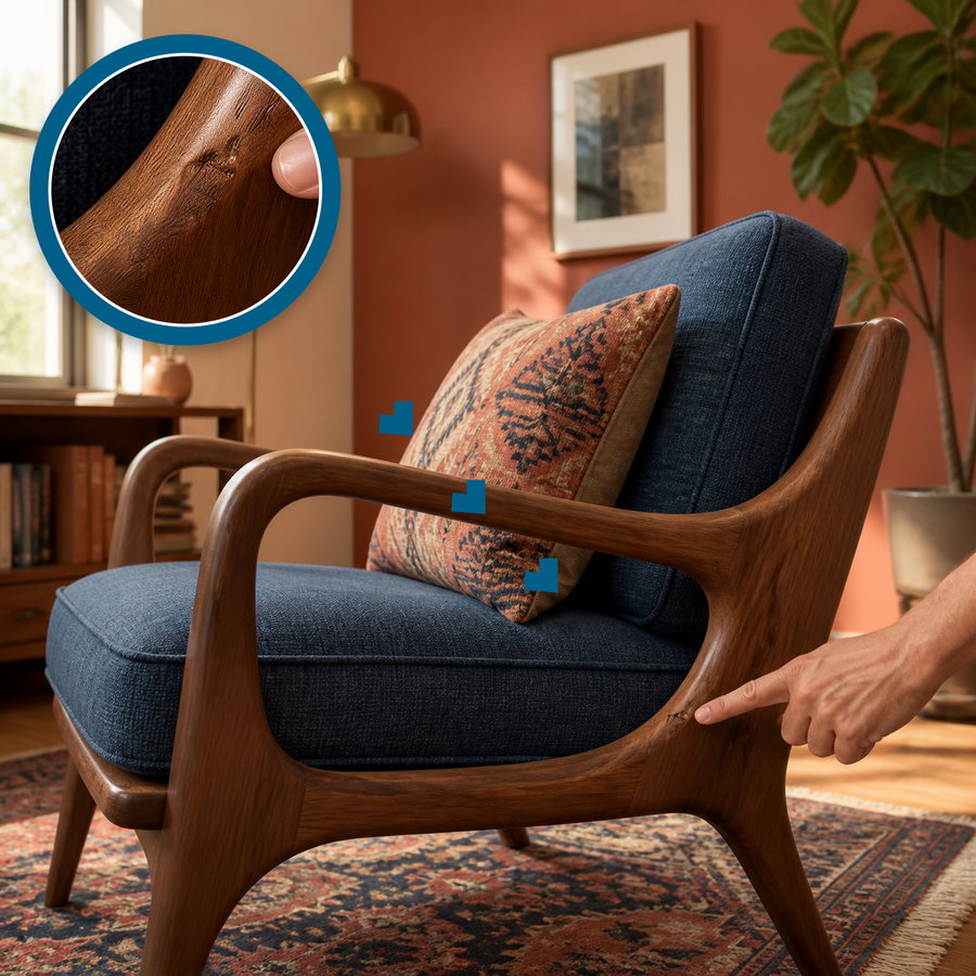 Dent in a curved walnut armchair with a matching magnified close-up and a hand pointing to the damage