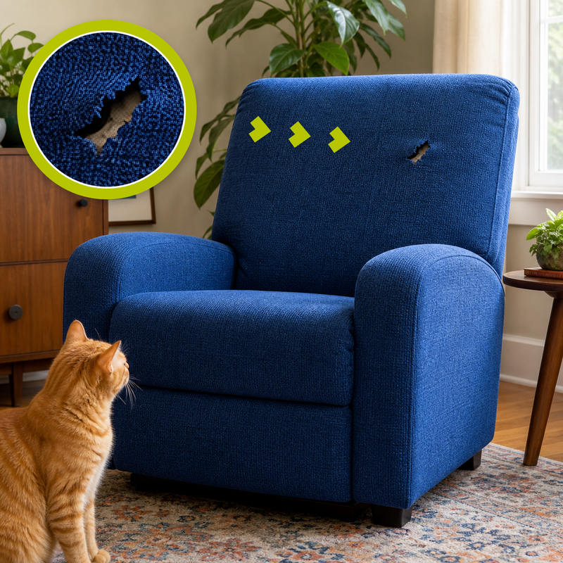 Natural irregular tear in a blue woven-fabric recliner with a matching magnified close-up and a tabby cat looking toward the damage