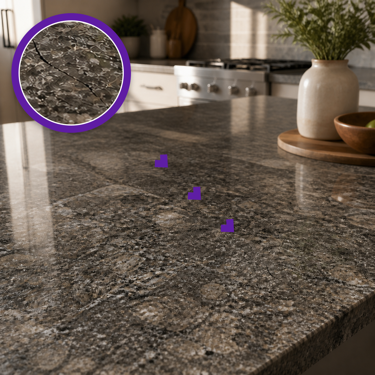 Short crack in a dark granite countertop with a purple magnified close-up