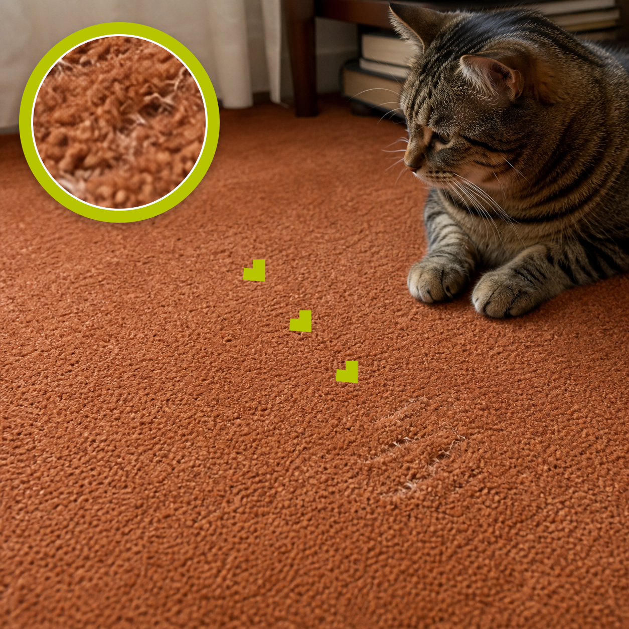 Tabby cat beside a pet-damaged rust carpet with a lime damage magnifier