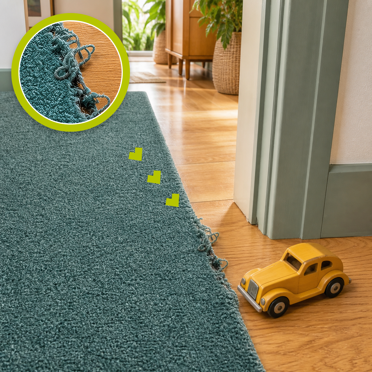 Frayed teal carpet edge beside an oak floor with a matching magnified close-up and a mustard-yellow toy car nearby