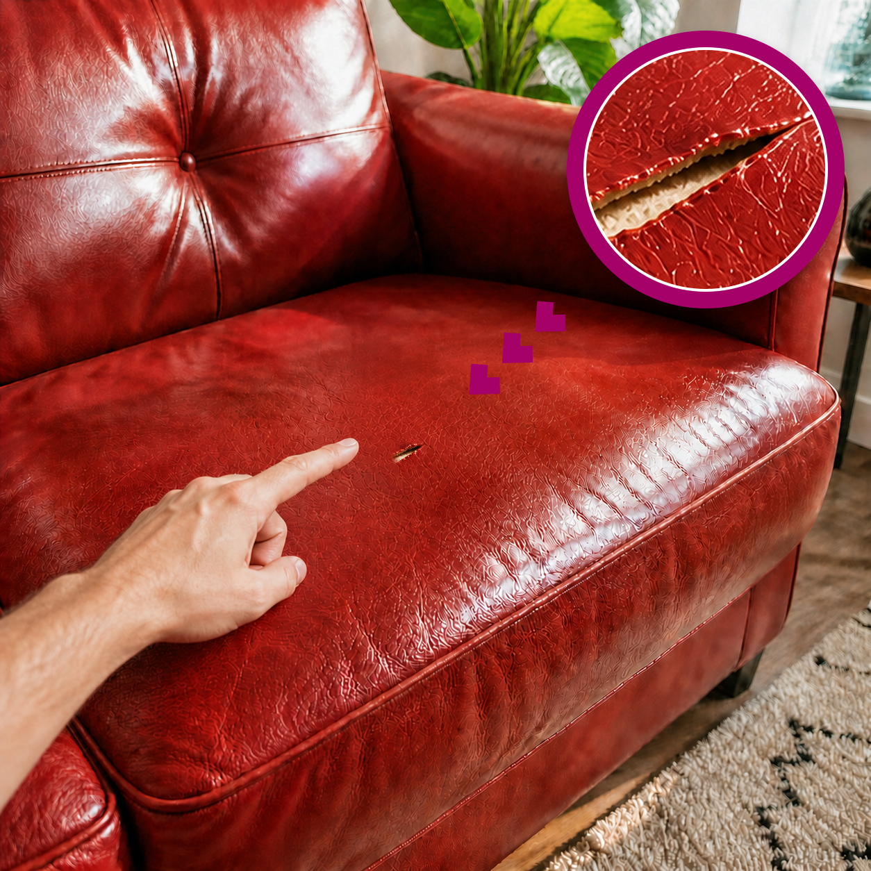 Red leather sofa tear with a matching magnified close-up and a hand pointing to the damage