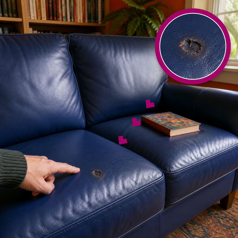 A small singed burn mark on a blue leather loveseat cushion, highlighted with a magenta magnifier.