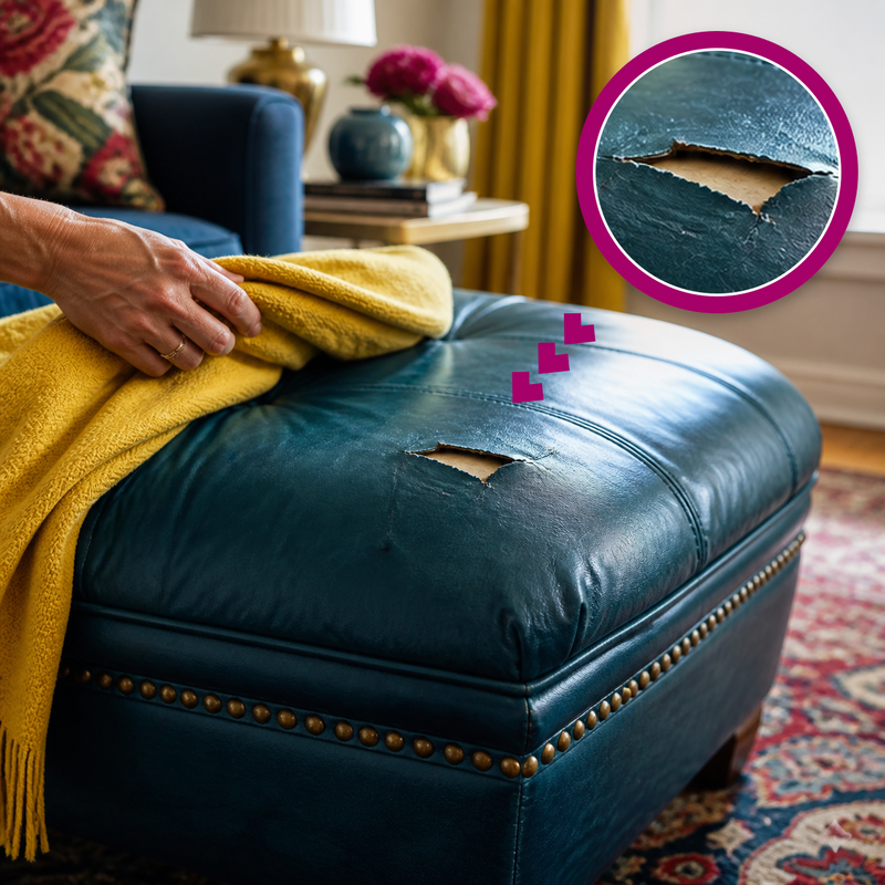 An irregular worn-through hole in a teal leather ottoman, highlighted with a magenta magnifier.