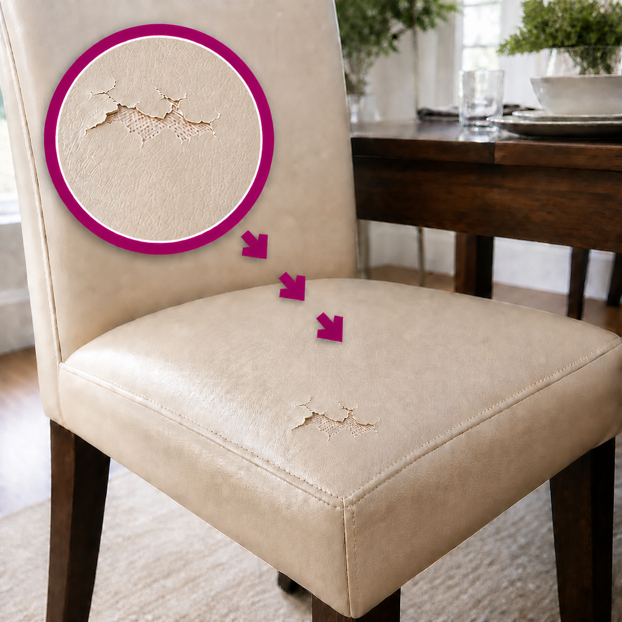 Localized peeling and wear in the high-use center of a cream vinyl dining-chair seat, highlighted with a matching magenta magnified close-up.