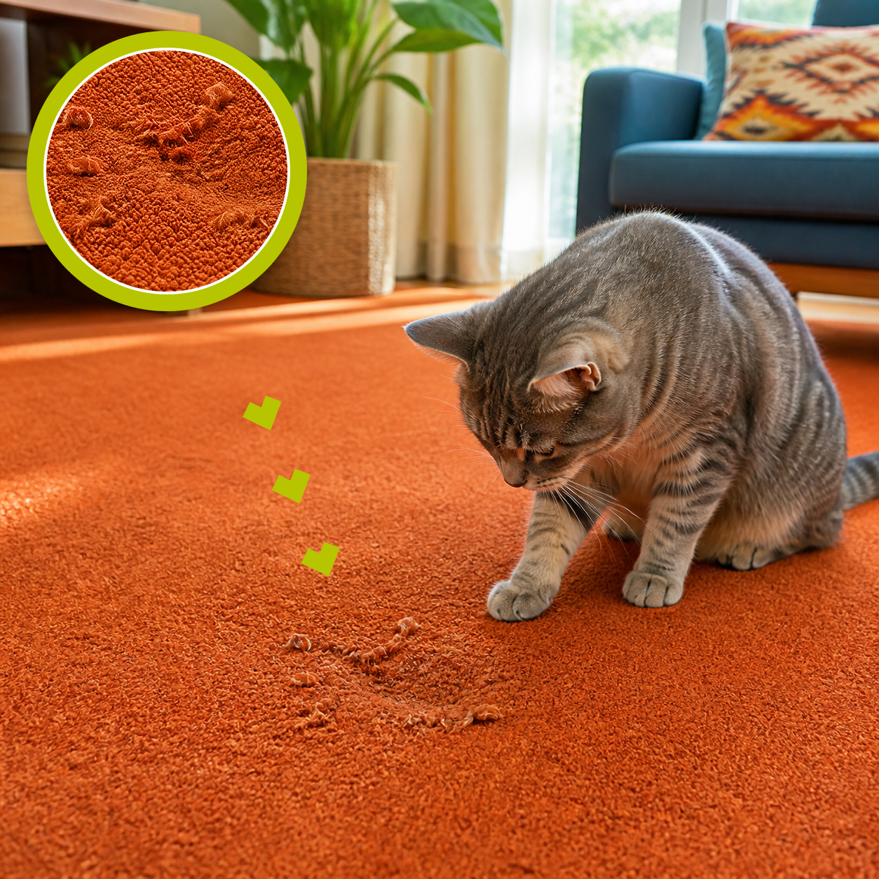 Pet-pulled damage in rust-orange carpet with a matching magnified close-up and a gray tabby inspecting the area