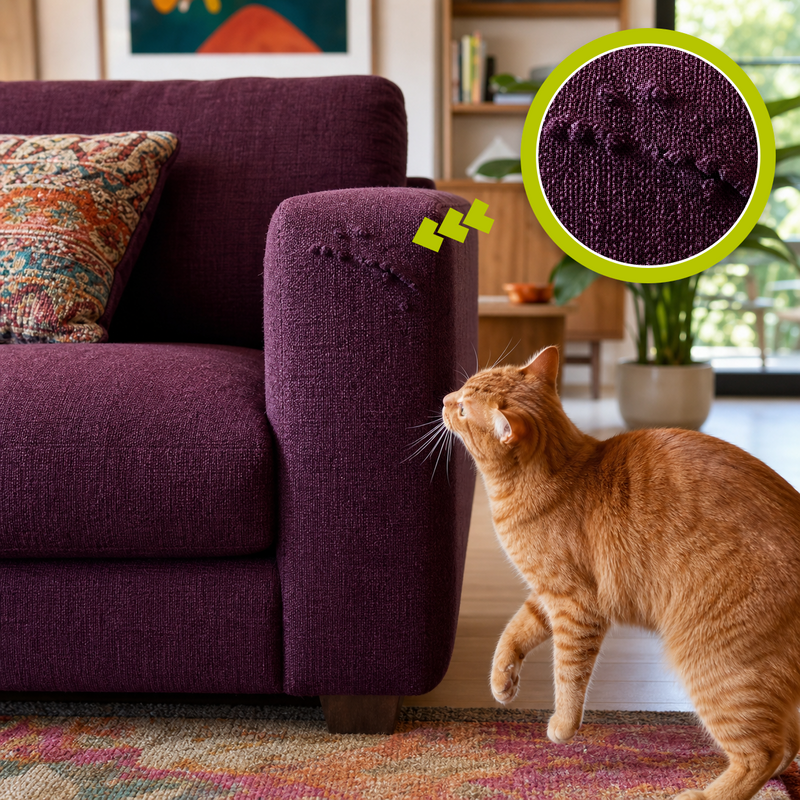 Pet-claw damage on a deep-plum fabric couch with a matching magnified close-up and a ginger tabby looking toward it