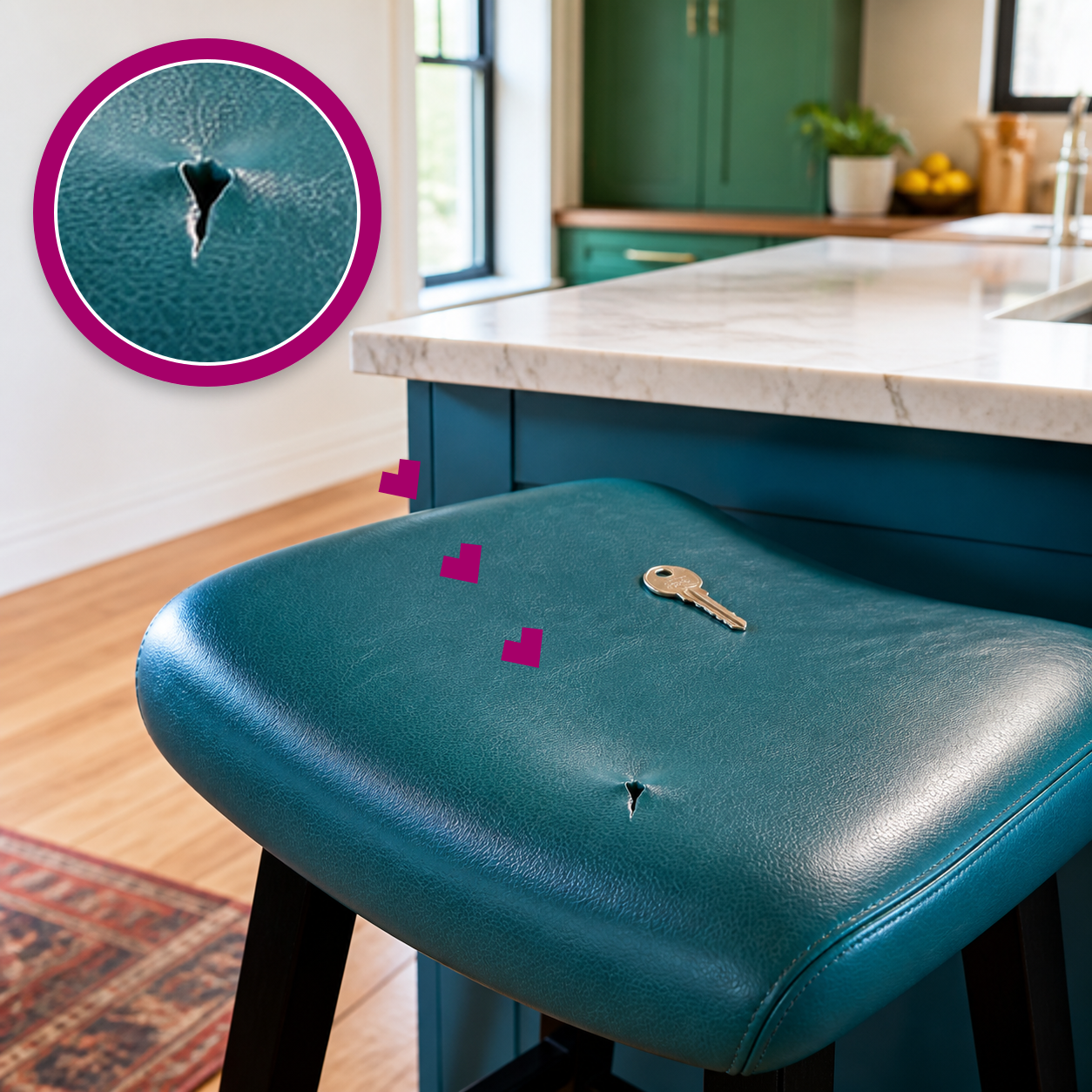 A small irregular puncture in a teal leather bar stool seat, highlighted with a magenta magnifier.