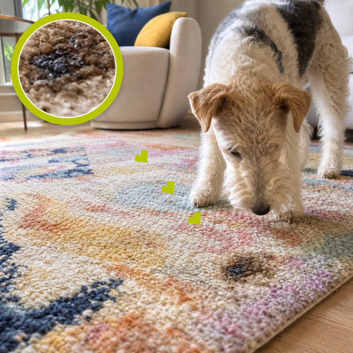 Small dark burn mark on a patterned rug with a lime damage magnifier