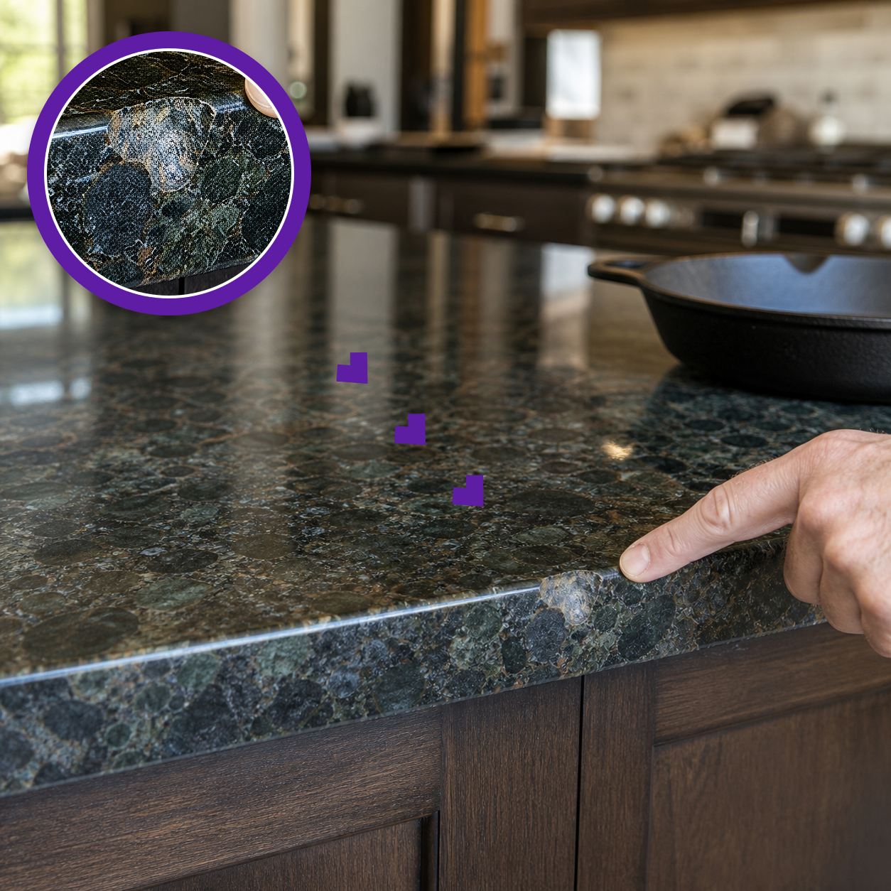 Chipped dark granite countertop edge with a hand pointing to the damage and a matching purple magnified close-up